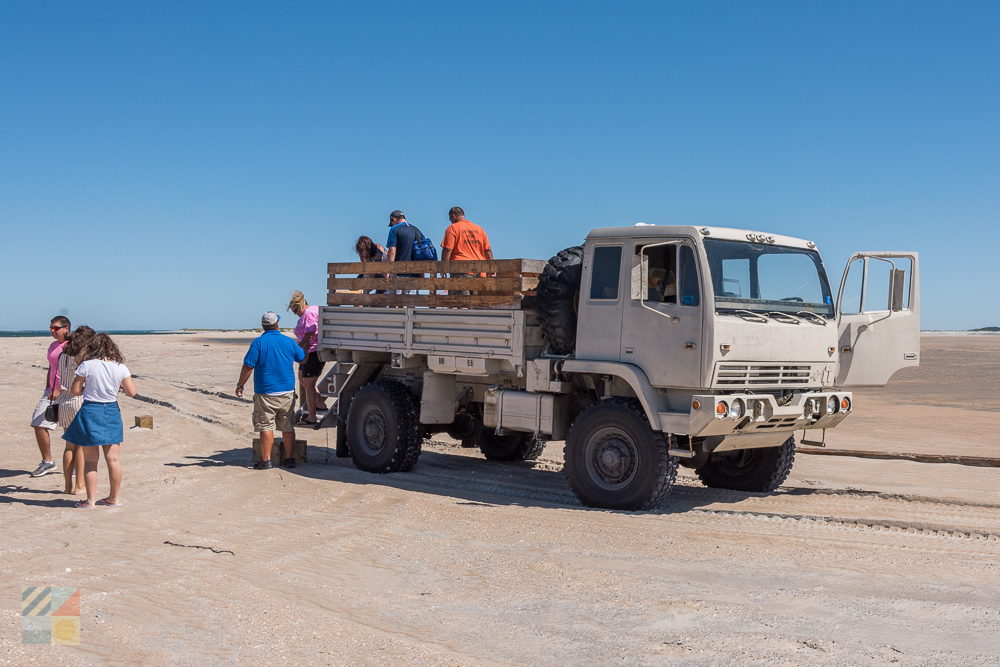 Visitors to Cape Lookout Lighthouse can take an NPS 4x4 shuttle to the point for a small fee